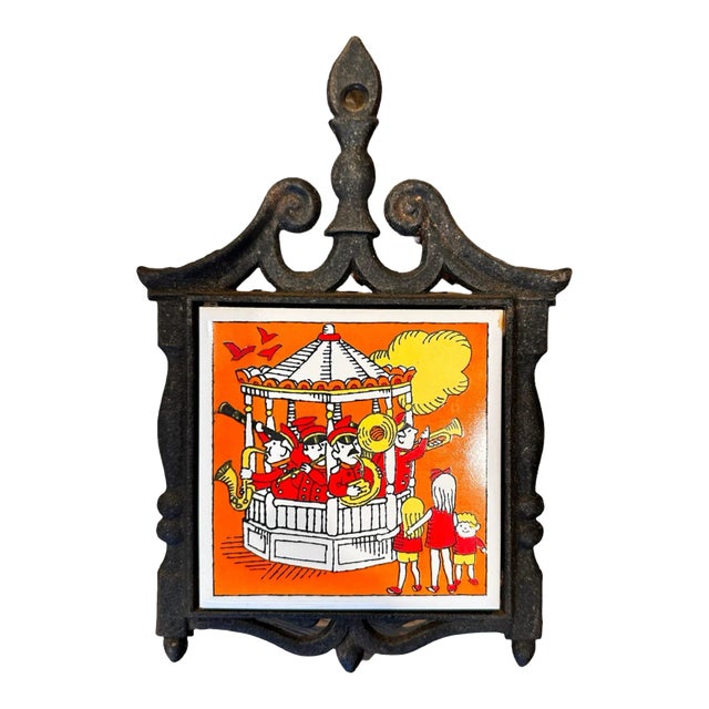 Vintage Trivet Cast Iron Ceramic Tile For Sale