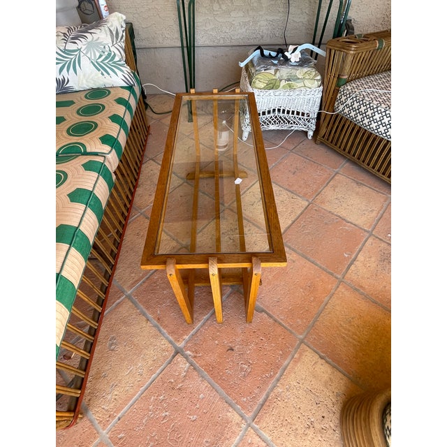1950s Mid Century Golden Oak Cocktail Table With Glass Insert For Sale - Image 4 of 10