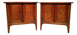 Mid 20th Century Pair of Walnut Night Stands With Burl Inlay by R-Way