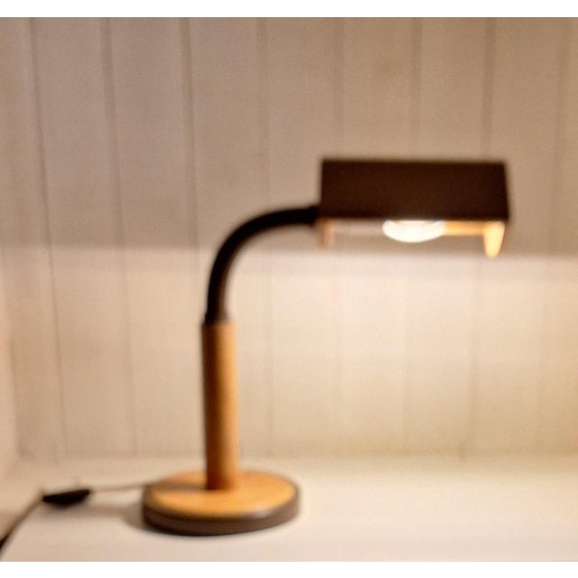 Vintage Adjustable Desk Lamp with Pine and Brown Metal Frame, 1970s For Sale - Image 3 of 7