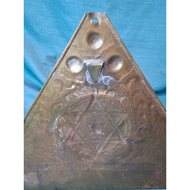 Rare 19thC Moroccan Brass Hanukkah Menorah Hand-Repoussé Maghrebi Judaica Oil For Sale - Image 9 of 17