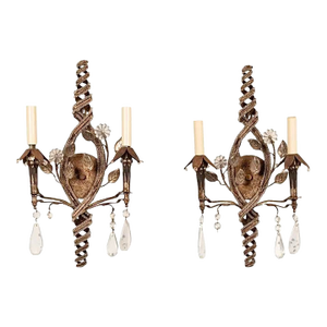 Pair of Italian Two-Light Sconces Beaded and Cut-Glass Silvered