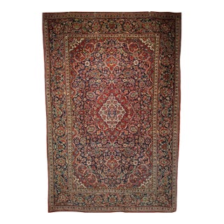 Vintage Persian Kashan Area Rug, Hand-Knotted Wool, Floral Pattern, Navy & Red, 5x7 For Sale