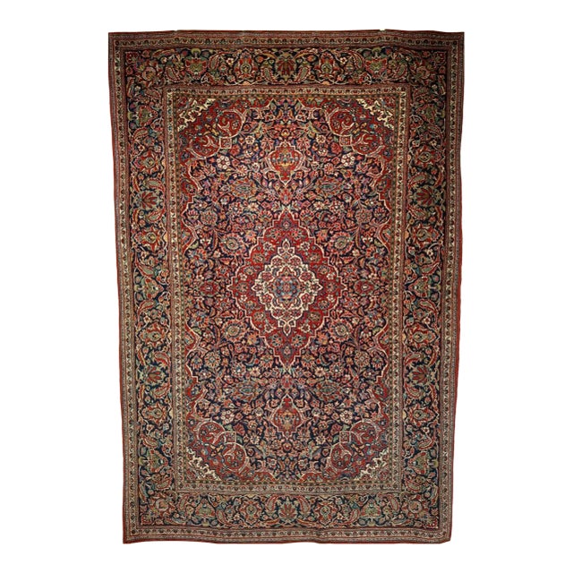 Vintage Persian Kashan Area Rug, Hand-Knotted Wool, Floral Pattern, Navy & Red, 5x7 For Sale