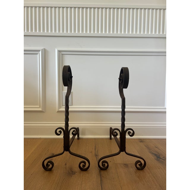 Rustic European Rare 1800s Blacksmith Hand Forged Wrought Iron Andirons 20" Tall For Sale - Image 3 of 4