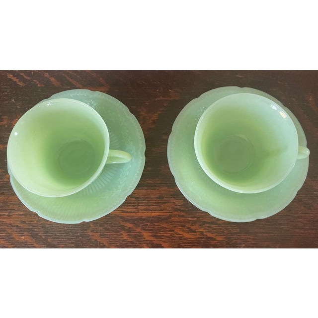 Farmhouse Vintage 1940’s Jadeite Pair “Alice” Floral Green Milk Glass Teacups With Plates! - 4pcs For Sale - Image 3 of 11