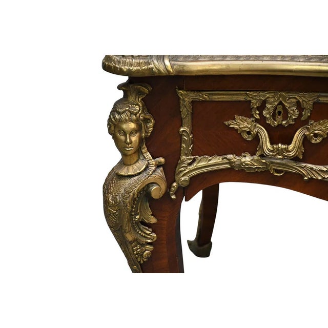 French Leather Top Large Fine 20th C French Bureau Plat. Writing Desk. For Sale - Image 3 of 6