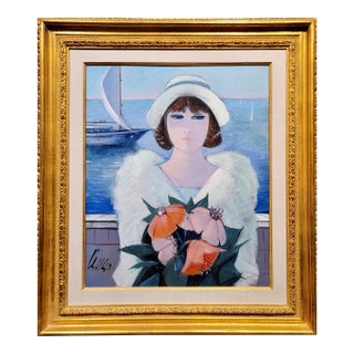 Charles Levier -Woman in White W/Flowers at the Marina - Oil Painting For Sale