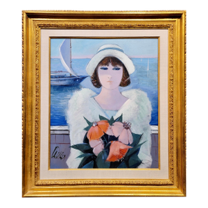 Charles Levier -Woman in White W/Flowers at the Marina - Oil Painting