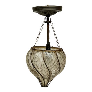 Small Vintage Italian Swirl Murano Style Amber Glass Hanging Pendant Light For Sale