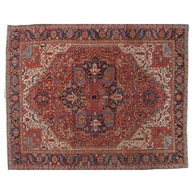 Antique Persian Heriz Carpet Handmade Wool Oriental Rug, Rusty/Red Field, Navy For Sale - Image 18 of 18