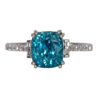 5.4Ct Blue Zircon Ring With Natural Diamond Accents: Solid 14k Gold, Size 6.75 For Sale