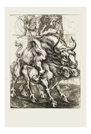 Bulls - Original Etching by M. Chirnoaga - Late 20th Century Late 20th Century