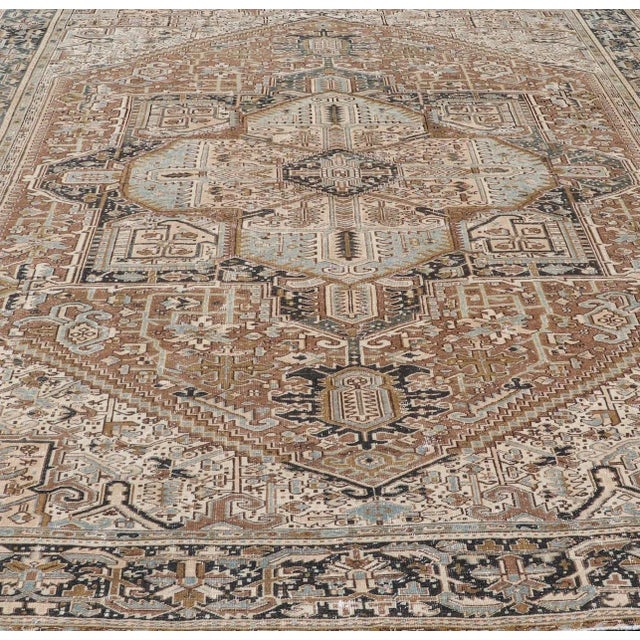 Textile Persian Antique Heriz Rug With Geometric Design in Blue's, Tan, Cream, and Brown 11'5 X 14'7 For Sale - Image 7 of 17
