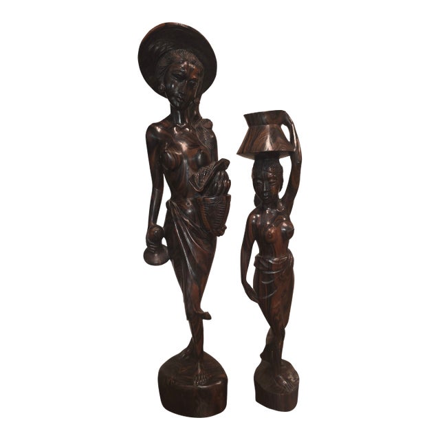 Monumental Mid-Century Two-Tone Macassar Ebony Balinese Harvest Maiden & Water Carrier Sculptures – Pair For Sale