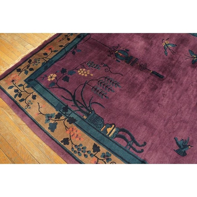 Antique Art Deco Chinese Allover Floral Purple 1920s Rug, Circa Date: 1920s. This striking Art Deco carpet, hailing from...