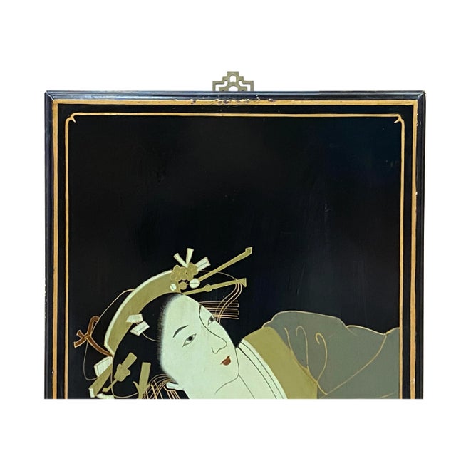 Vintage Wood Asian Japanese Lady Lacquer Wall Painting Art For Sale - Image 4 of 7