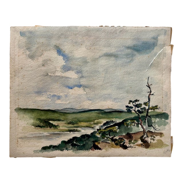 Henry Emil Salloch Original Watercolor on Paper Coastal Inlet With Gnarled Tree, 1940. For Sale