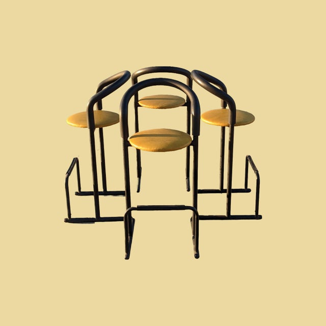 Set of Five 1980s Amisco Postmodern Tubular Steel and Yellow Leather Barstools For Sale - Image 9 of 18