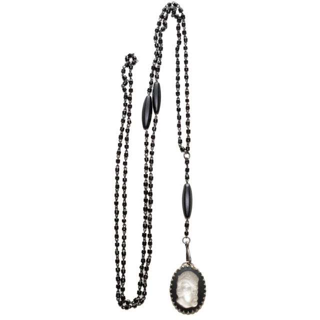 Glass Vintage Black Beaded Wrap Necklace With Lalique Glass Cameo, 1940's For Sale - Image 7 of 18