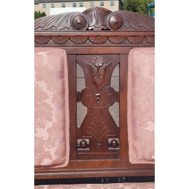 Pink Late 19th Century Edwardian Style Victorian Era Carved Settee For Sale - Image 8 of 11