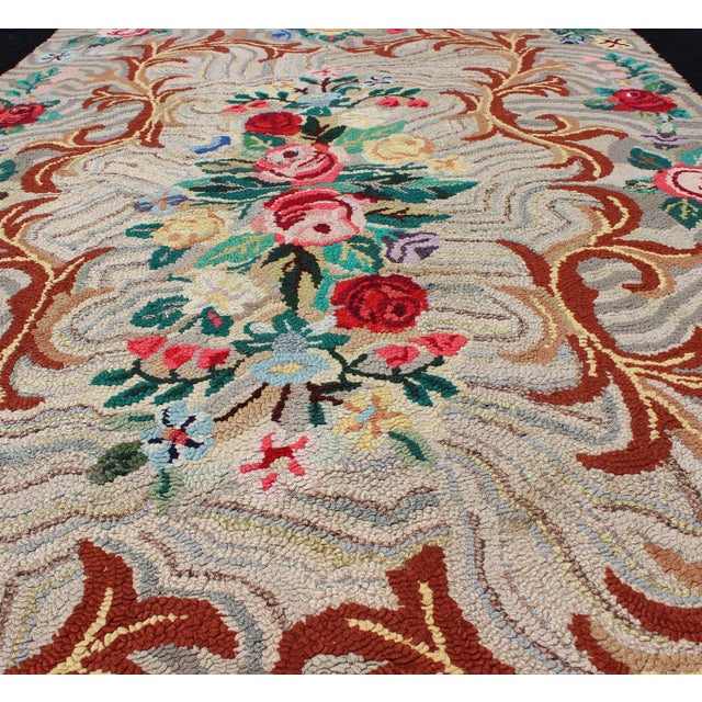 Textile Charcoal, Red, and Green Antique American Hooked Rug With Large Flower Design 4'7"x6'6" For Sale - Image 7 of 10