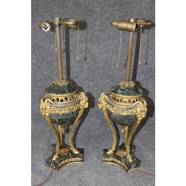 Stone 1900s Fine Quality Rams Head Bronze Ormolu French Empire Marble Rams Head Lamps - a Pair For Sale - Image 7 of 13