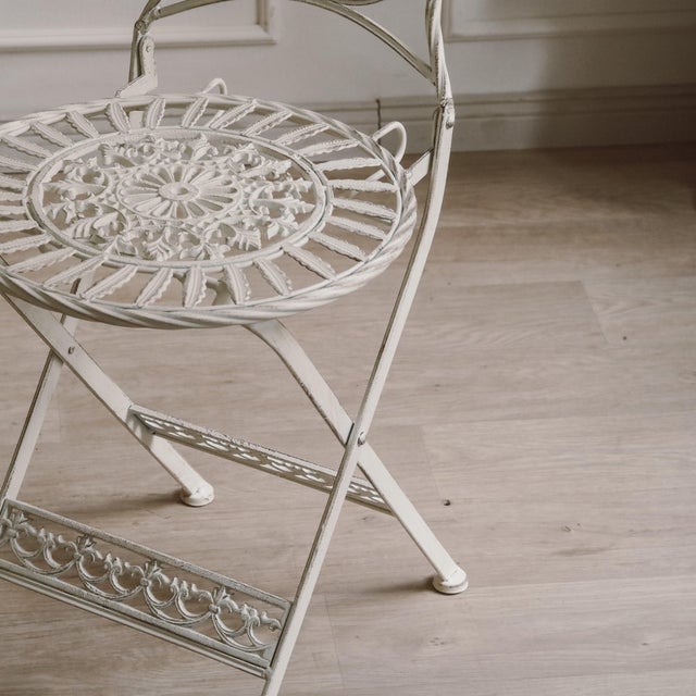 Folding Garden Seating Set with Openwork Ornamentation White Metal, Set of 3 For Sale - Image 10 of 15