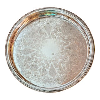 Large Vintage Etched Silver Plate Pierced Gallery Serving Tray, 15" Dia For Sale