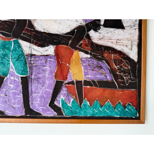 Wood Vintage African Batik Wall Hanging Painting For Sale - Image 7 of 11