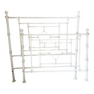 Restoration Hardware 19th Century Quatrefoil Iron Full Size Bed Frame in Distressed White For Sale