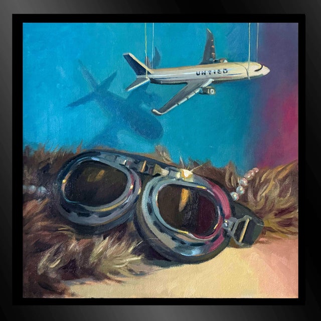 This artwork presents a whimsical arrangement of vintage goggles resting on a textured surface, accompanied by a model...