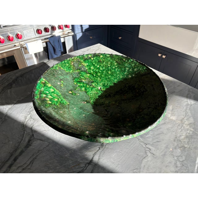 Art Nouveau Large French Late 19th Century Castelnaudary Green Terra Cotta Plateau Bowl For Sale - Image 3 of 9