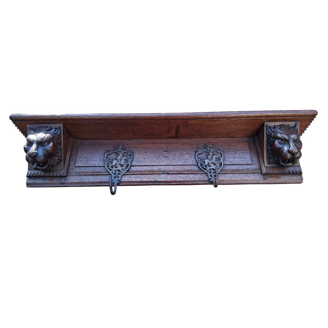 Wall Shelf in Oak with Lion Heads and Hooks For Sale - Image 15 of 15