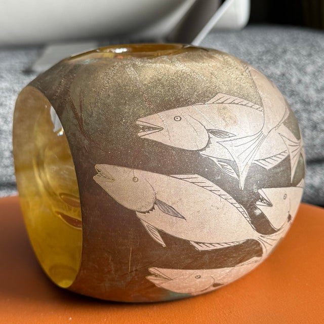 Contemporary 20th C. Super Heavy Hiroshi Yamano Signed Glass Sphere Sculpture With Silver & Copper Plating Fish Motif 6"x5"x 4.5"h - Might Missing the Fish For Sale - Image 3 of 13