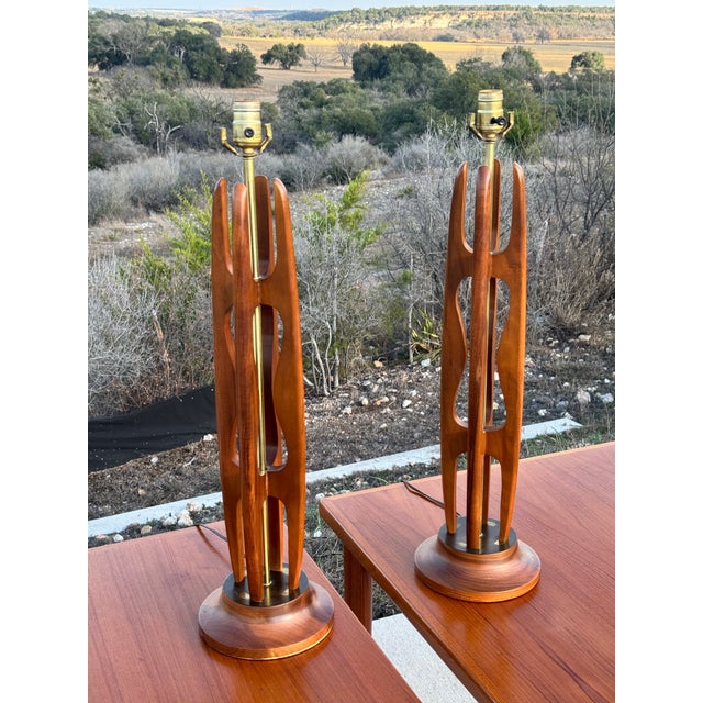 Chestnut Pair of Vintage C. 1960s Mid Century Modern Sculptural Walnut & Brass Table Lamps For Sale - Image 8 of 9