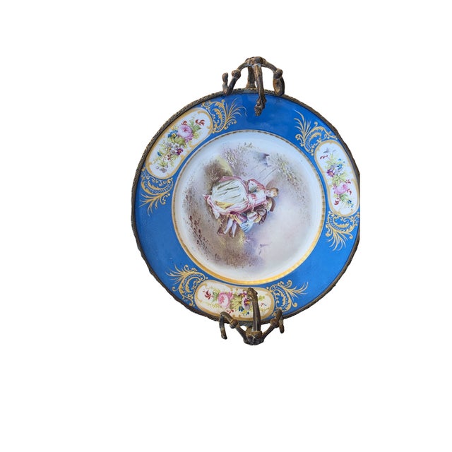 Antique French Hand-Painted Porcelain Centerpiece Bowl With Bronze Ormolu Stand & Cobalt Blue Border For Sale - Image 4 of 10