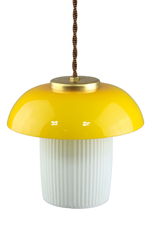 Mid-Century Mushroom Pendant Lamp in Yellow Glass and Brass