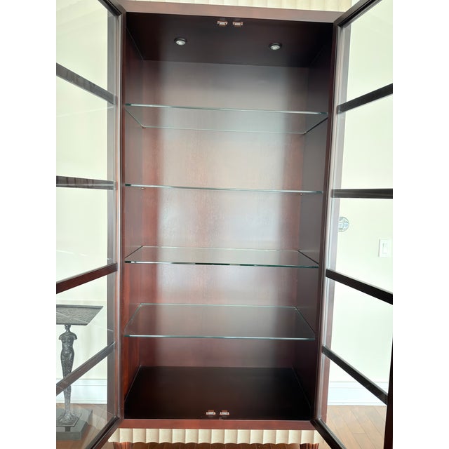 Contemporary Late 20th Century Designer Contemporary Lighted Curio Display Cabinet Cherry Wood Glass 82”h For Sale - Image 3 of 7