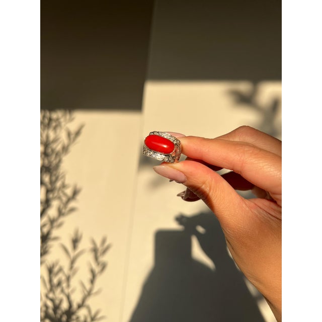 Japanese Red Coral (OX Blood Coral) and Diamond Ring in 18K White Gold, Size 7.5 For Sale - Image 10 of 12