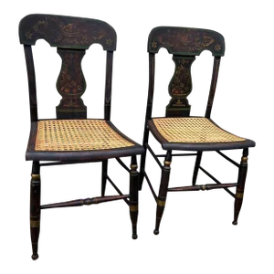 19th Century Pair Antique Ebonized Painted Gilt Bergere Cane Seat Side Chairs