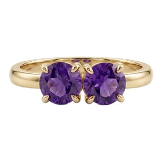 Natural Amethyst Two-Stone Ring • 18k Gold Plating Toi Et Moi Gemstone Ring • February Birthstone Jewelry Us 7 For Sale