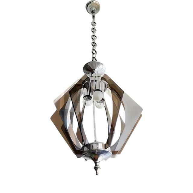 Mid-Century Modern Smoked Acrylic Glass and Chromed Hanging Lamp, 1980s For Sale