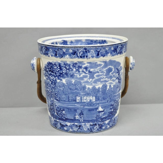 Antique Wedgwood Landscape Etruria Pattern Blue and White Porcelain Covered Slop Pot Commode with Woven Wicker Rattan...