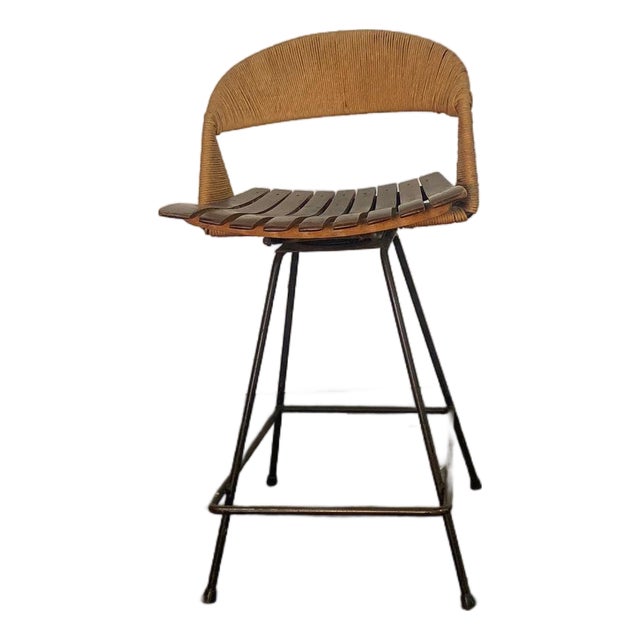 Arthur Umanoff Iron & Rush Swiveling Barstool For Sale