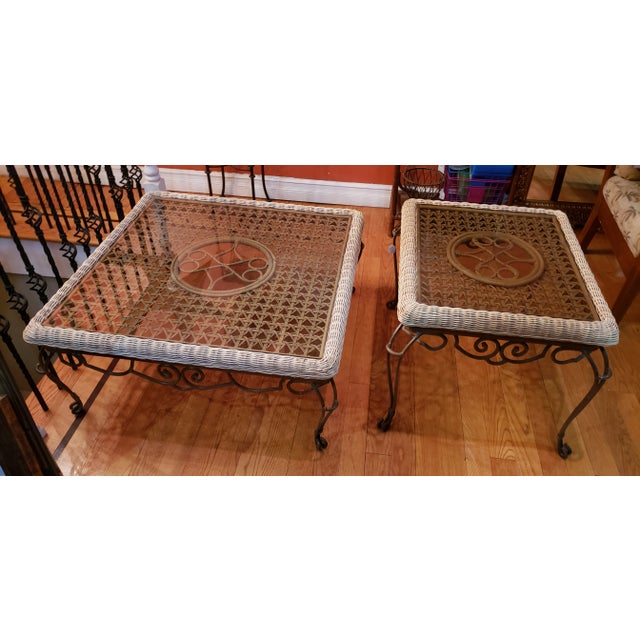 Shabby Chic Shabby Chic Wrought Iron Table Set With Wicker Inlays and Smoked Glass Tops - a Pair For Sale - Image 3 of 13