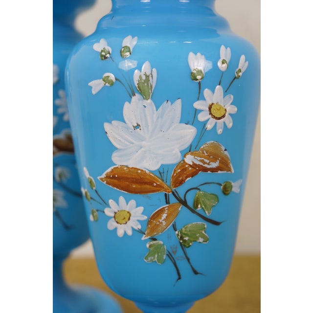 2 Antique Bristol Blue Turquoise Opaline Ruffled Clambroth Mantel Vases Urns 11" For Sale - Image 4 of 13