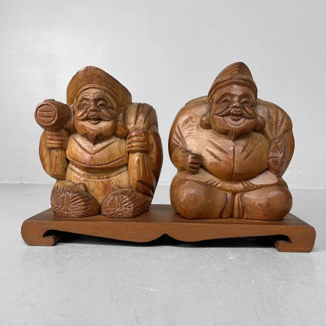 Wooden Ebisu and Daikoku Deity Statues on Base, Japan, 1950 For Sale - Image 6 of 12