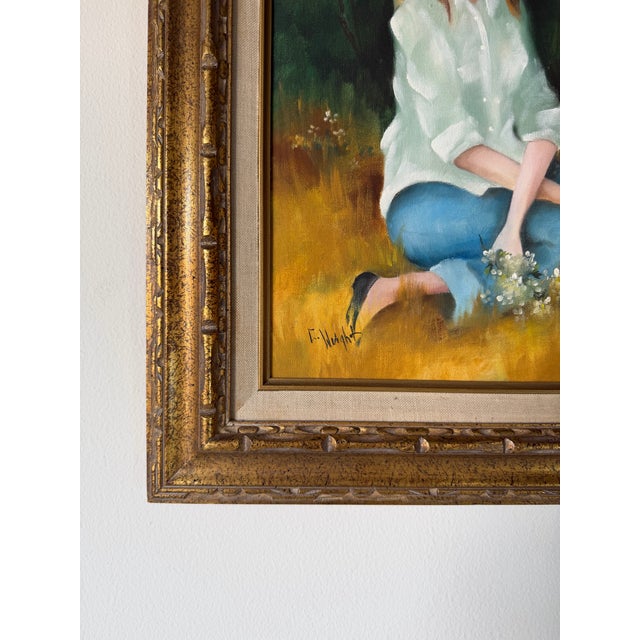 1970s Vintage E. Weight Portrait of a Girl in Landscape Oil on Canvas Painting, Framed For Sale - Image 9 of 12