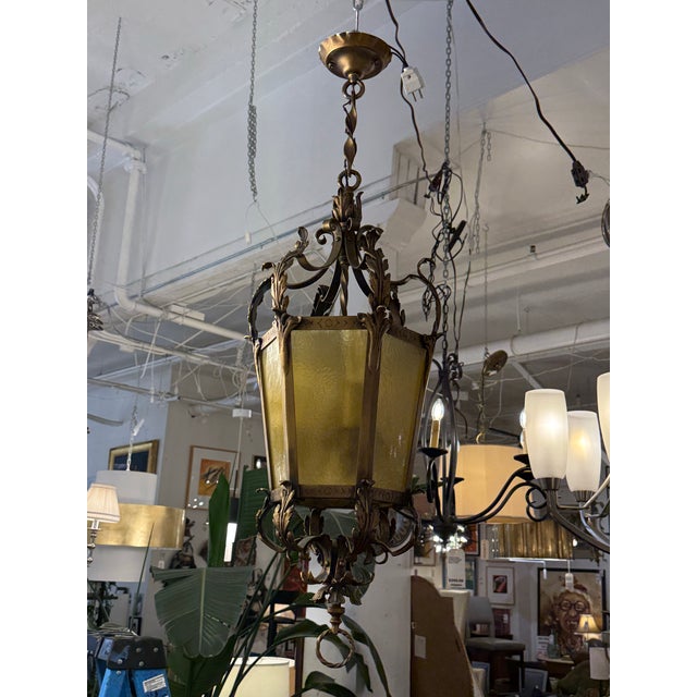 Gothic Gothic Revival Style Gilt Metal + Amber Glass Lantern Pendant, Vintage For Sale - Image 3 of 12
